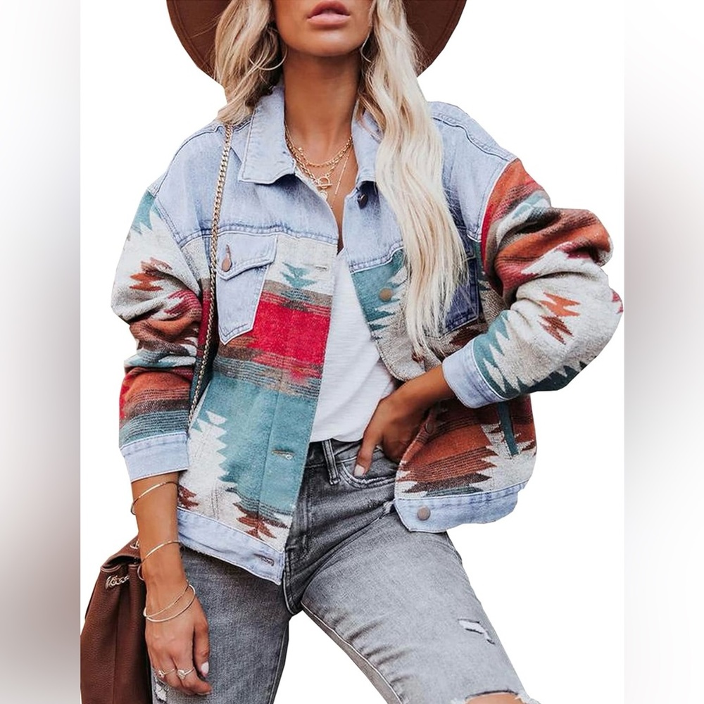 Aztec Denim Jean Jacket Cropped Long Sleeve Shacket Womens Oversized Medium